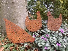 Set Of 3 Metal Rusty Chicken