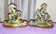 Pair of Vintage Mid-Century Resin Bronze Effect Rearing Horse Statues on Plinths