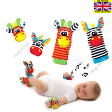4 piece Baby Infant Socks & Wrist Strap Bands Set Rattle Plush Sensory Toys