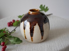 Studio Pottery Stoneware Bud Vase, Tenmoku Drip Over Oatmeal, Rounded Form
