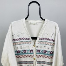Vintage Hand Knitted Cardigan Womens Large Multicoloured Honey Comb Knit Medium