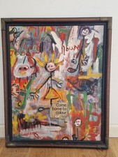 Unsigned Naive Folk come Home to Colour Stick Man Oil on Board Painting