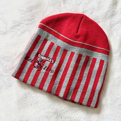 Red grey striped knit beanie - striped,