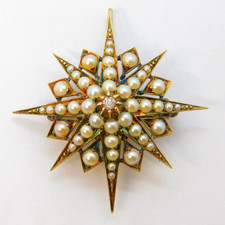 Victorian 15ct Gold, Seed Pearl & Diamond Starburst Pendant Antique c1880