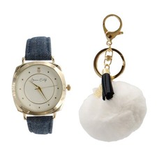 Women's Blue Strap Watch & White Pineapple Keyring Set By Jessica Carlyle