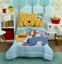 Winnie the Pooh Bear Toddler Cot Bed Comforter Quilt & Sheet Set Blue