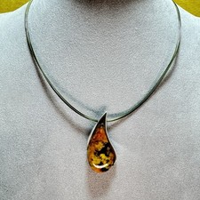 Sterling Silver Amber Fused resin Backed Pendant On Wire Necklace