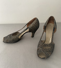 Vintage 1940s Peep Toe Glitter Fabric Dance Shoes Leather Soles Size UK4 USA 6