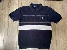 MENS FRED PERRY DARK BLUE KNITTED POLO SHIER SIZE L