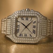 Men's Luxury Iced Out Roman Numeral Watch - Silver Fully Diamond Bling Hip Hop 