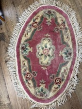 Hand-Tufted Wool Rug Oval Aubusson Floral Pink Cream Vintage