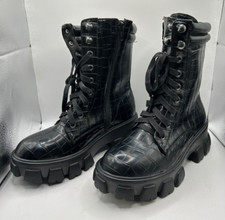 Tu Combat Chunky Boots Side Zip / Lace Up Black Pattered Women's Size 3UK / 36EU