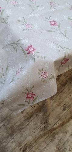 Beige linen look - pink, flowers