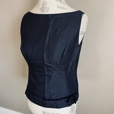 Vintage MCM Navy Taffeta Sleeveless Boat Neck Top Sz M Velvet Bow Retro Dressy