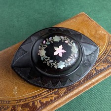 Antique Victorian MOP Inlay Brooch Pin Pressed Horn Mourning Vulcanite