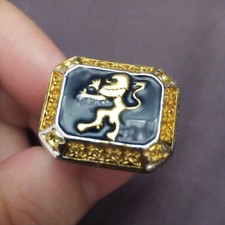 Marching Gold Lion On Men's Ring With Blue Background Of Enamel Band Bezel...