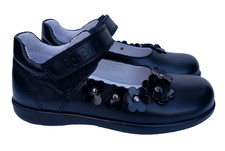 Bo-Bell Girl's Black Leather School Shoes with Black Patent Flowers