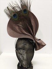 light brown beige peacock large straw fascinator millinery headband wedding hat