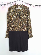Gorgeous EQUIPMENT FEMME Black & Khaki Leaves Birds Print Silk Playsuit S Petite