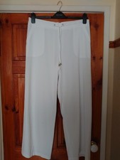 Women's White Linen Size 14 Wide Leg Trousers With Pockets Pull Waist Elastic