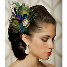 Blue Peacock Feather Fascinator Hair Clip Wedding Party Vintage Headpiece