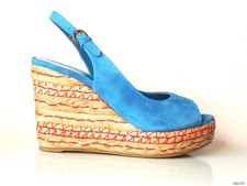 SERGIO ROSSI turquoise blue suede size 9 open-toe slingback WEDGES shoes 39 NIB