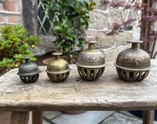 Vintage Solid Brass Etched Hand Painted Elephant Claw Temple Bell Set of 4