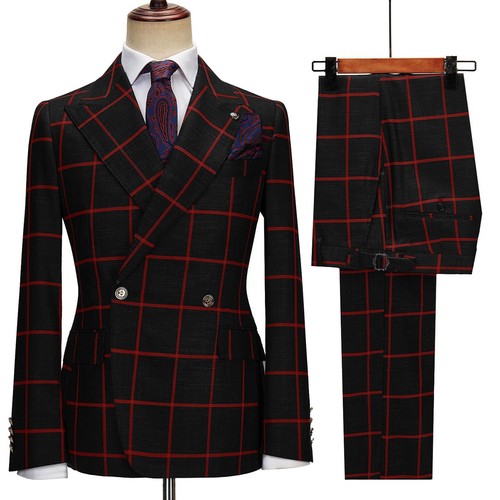 Men black red plaid suits - men's,