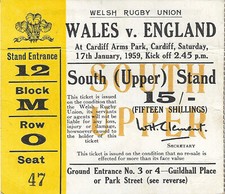 Wales v England 17 Jan 1959 Cardiff  RUGBY TICKET