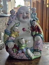 Large Vintage Laughing Buddha With 5 Children 13"