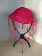 Vintage Marida London Red Pillbox Hat 100% Felt Wool With Veil