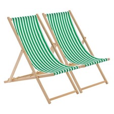 2x Folding Wooden Deck Chairs Adjustable Canvas Beach Lounger Green Stripe
