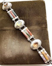 Antique Victorian Scottish Sterling Silver Agate Panel Bracelet