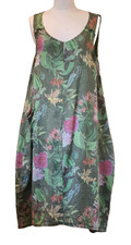Italian Linen floral Dress V-Neck Lagenlook sleeveless pocket One Size UK 10-16