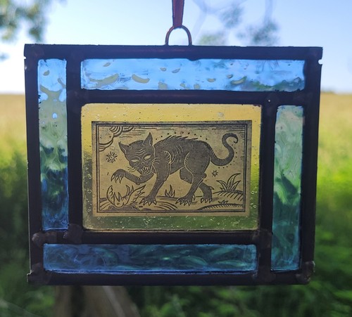 Stained glass witches - glass, cat
