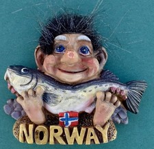 Souvenir Fridge Magnet Norway Troll Holding A Salmon Fish
