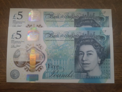 Two polymer bank notes - £5,