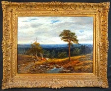 LARGE c1880 EXTENSIVE LANDSCAPE CATTLE WITH DROVER & DOG ANTIQUE OIL PAINTING