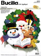 Bucilla Felt Applique "CAROLING  TRIO" Wreath, Santa, Reindeer, Snowman -NEW