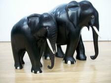 ANTIQUE  EBONY  HAND CARVED WOODEN ELEPHANTS  BULL WITH  COW