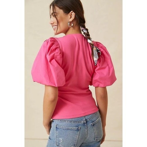 Hot pink puff sleeve mock - hot,