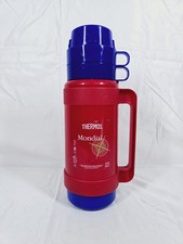 Thermos Mondial 1 Litre Flask Red & 2 Blue Mugs Hot Drinks Thermal Insulated