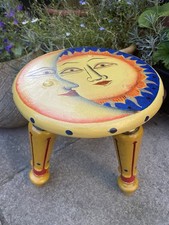 Celestial Sun And Moon Hand Painted Stool, Whimisgoth Folk Art Style Handmade