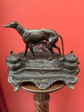 Antique Stunning Quality Heavy Bronze Whippet Inkwell Signed Mene C1900 Novelty