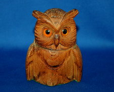 An antique carved wooden owl  inkwell, original liner,  19th century
