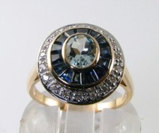 9K 9CT GOLD AQUAMARINE SAPPHIRE DIAMOND ART DECO INS ROUND HALO RING SIZE O