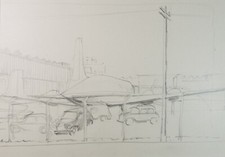 Pencil drawing, 'Parked Aircraft', Circa 1950's, Artist Unknown