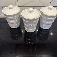 The Old Pottery Company White Ceramic Tea Coffee Sugar Canisters Caddys Embossed