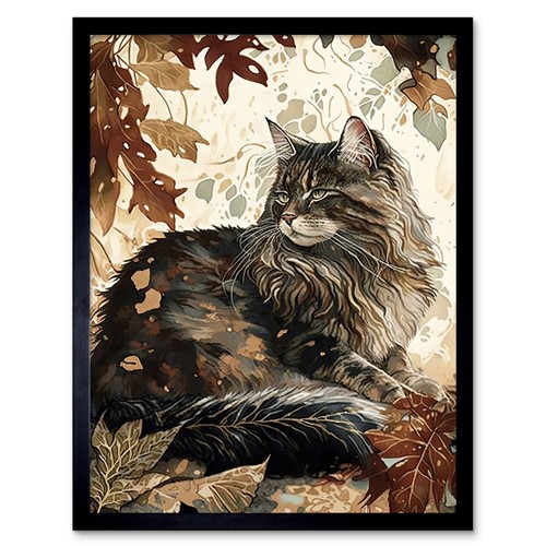 Maine coon cat autumn leaves - cat,