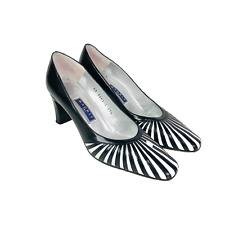 Magrit Designer 1990s Black & White Striped Leather Court Shoes Size 37.5 (4.5)